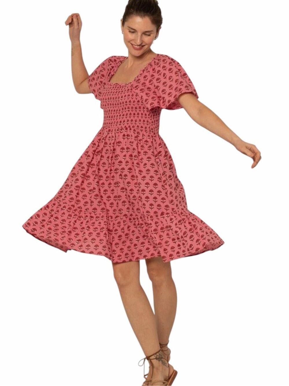 OPHELIA & INDIGO Delilah Dress Red Pink Hydrangea Smocked Cotton Small